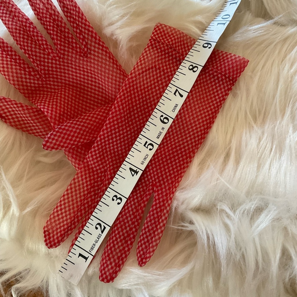 Vintage Inspired Sheer Nylon Mesh, Red/White Gingham Pattern Gloves, USA, Sz 7.5 - Picture 6 of 7